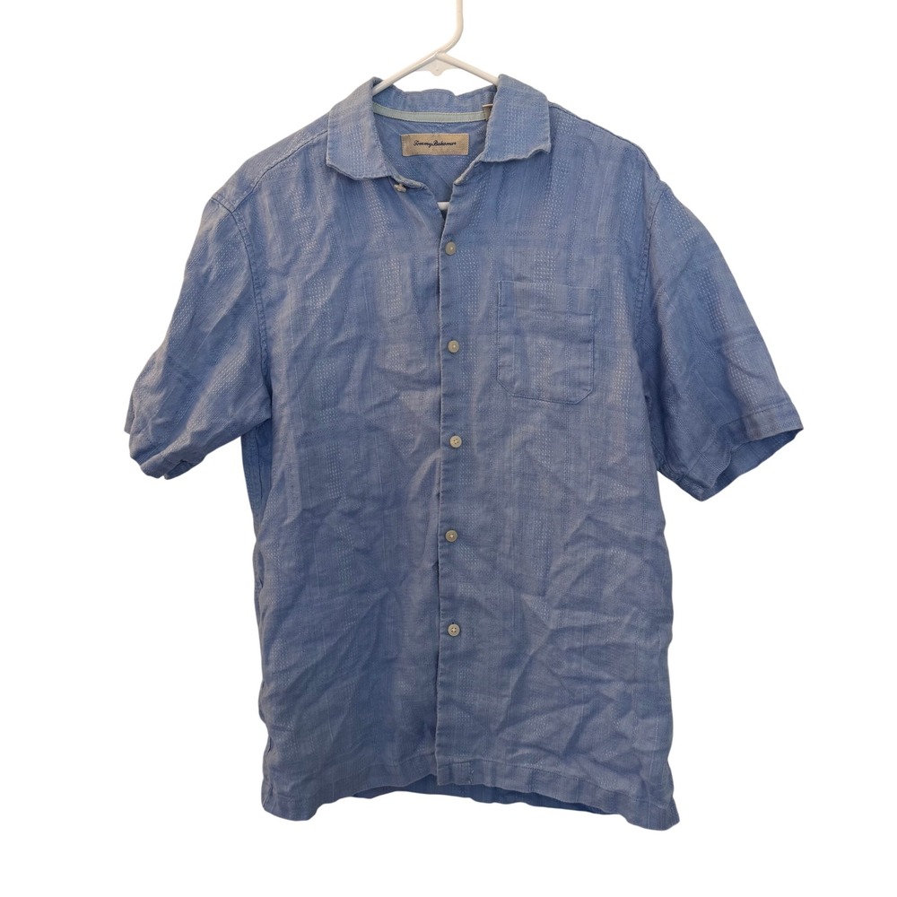 Tommy Bahama Mens Blue 100% Linen Short Sleeve Button Down Shirt Medium